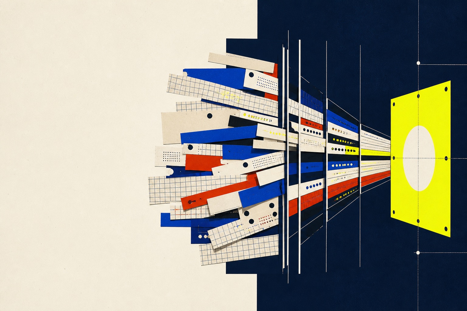 Abstract paper records converging through a cobalt system toward a yellow verified output